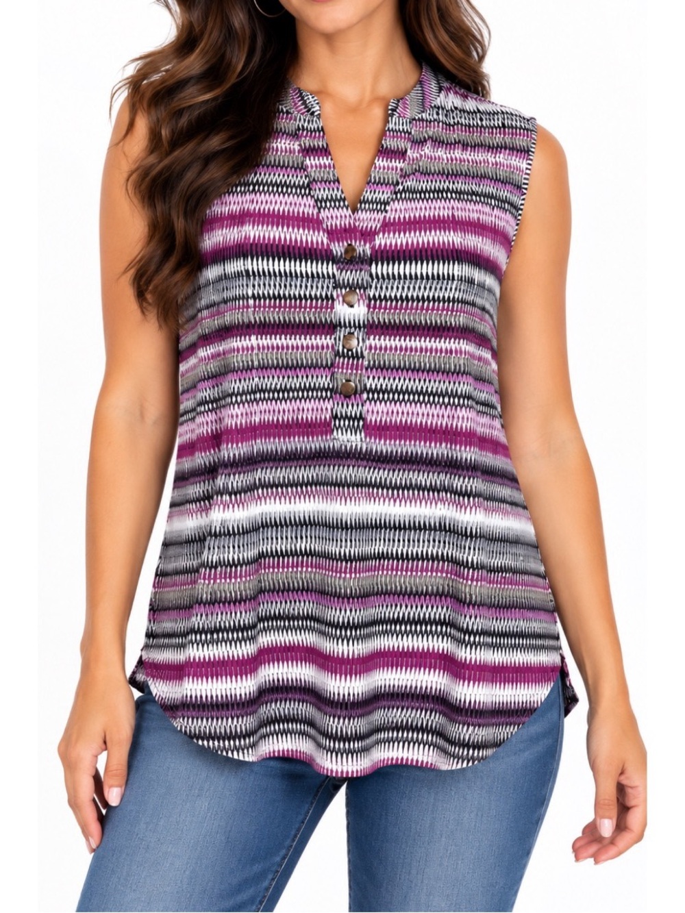 Westport sleeveless top in a bold horizontal pattern in purple, black, & white